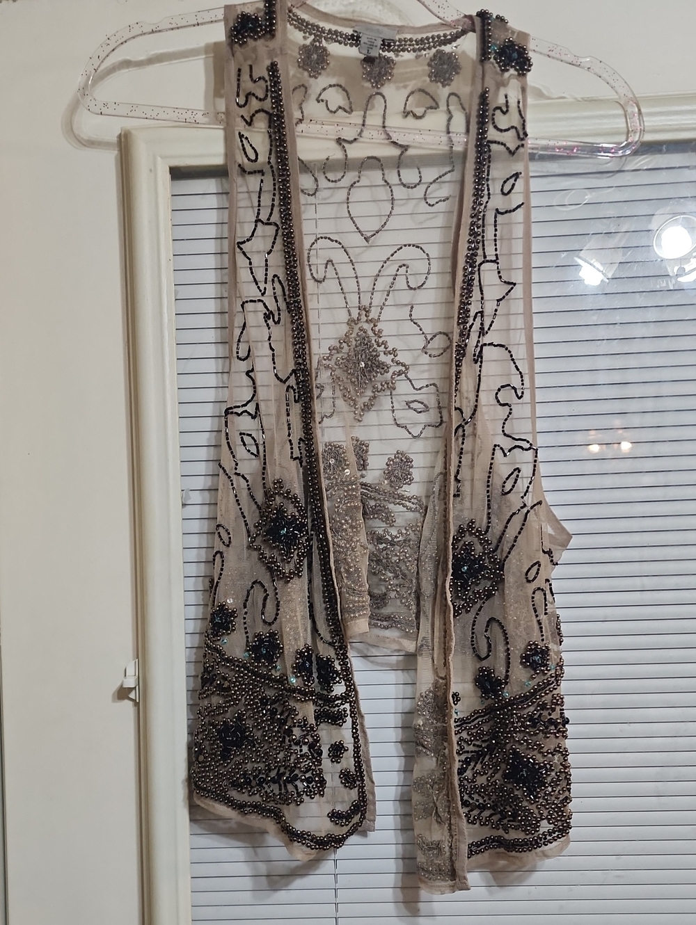 Ecote Beaded Sheer Vest in Nude and Black Embellishment